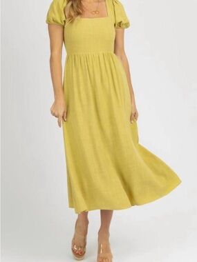 Endless Blu Chartreuse Linen Blend Puff Sleeve Open Back Midi Dress Size M